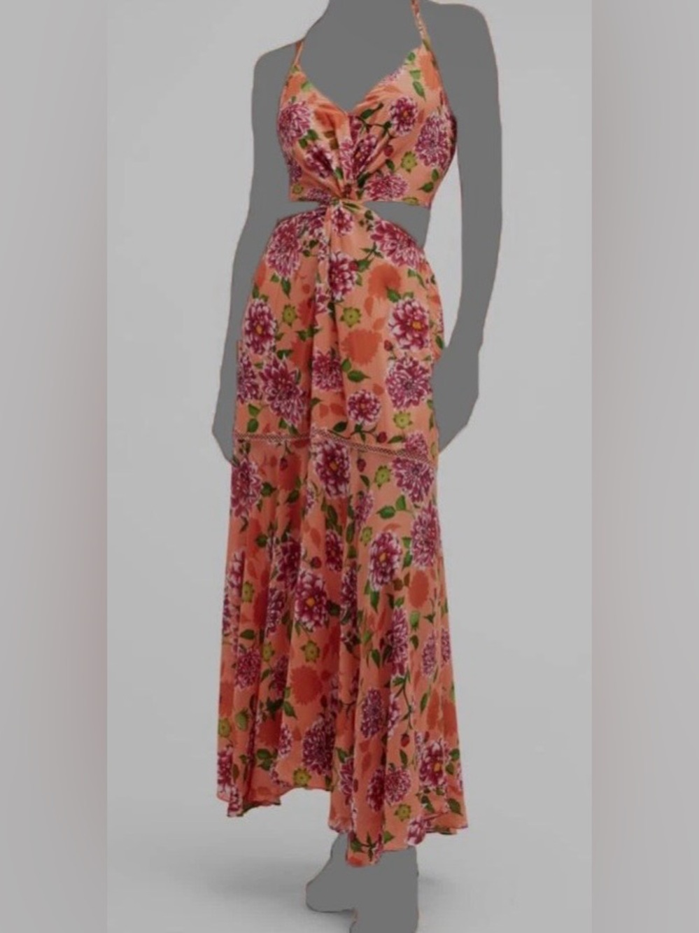 Peach Floral Halter Maxi Dress with Pink Accents Sz Large